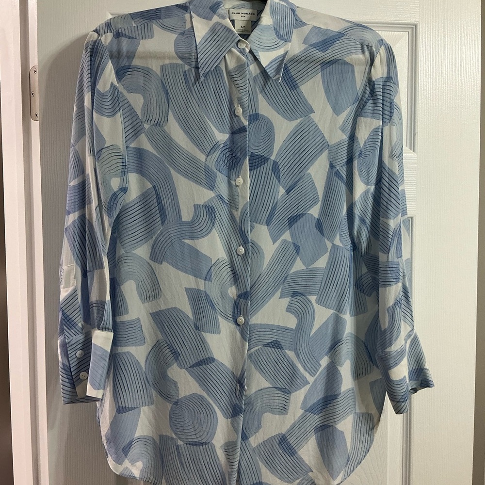 Club Monaco Silk Blue and White Shirt long flow dress shirt - Picture 1 of 5
